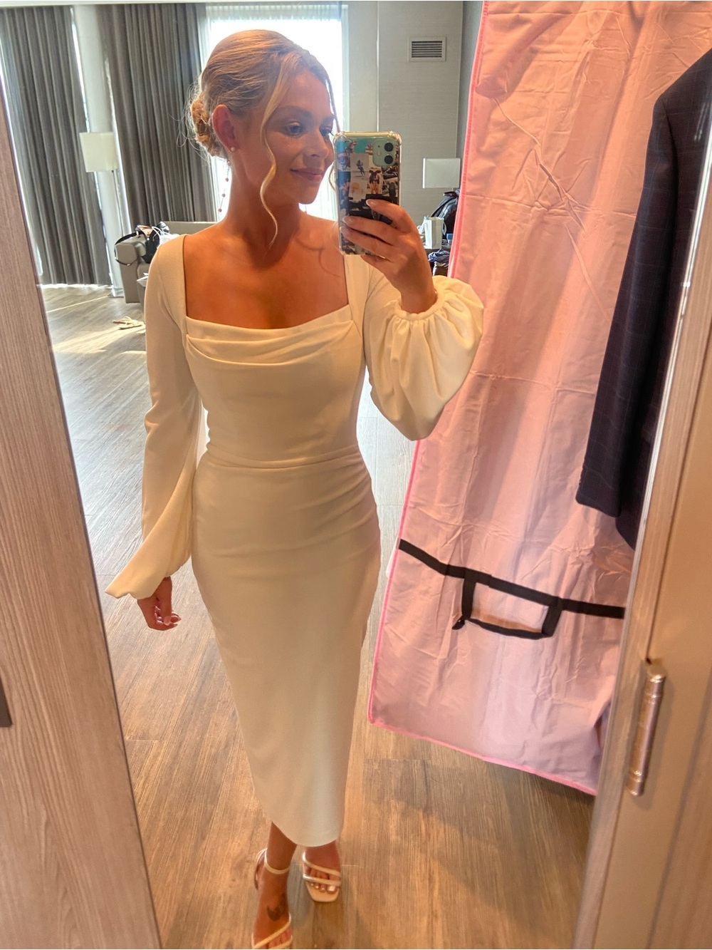 Cream Square-Neck Midi Dress with Puff Sleeves